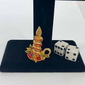 Vintage Enamel Holiday Candle Brooch – Rhinestones & Gold Tone